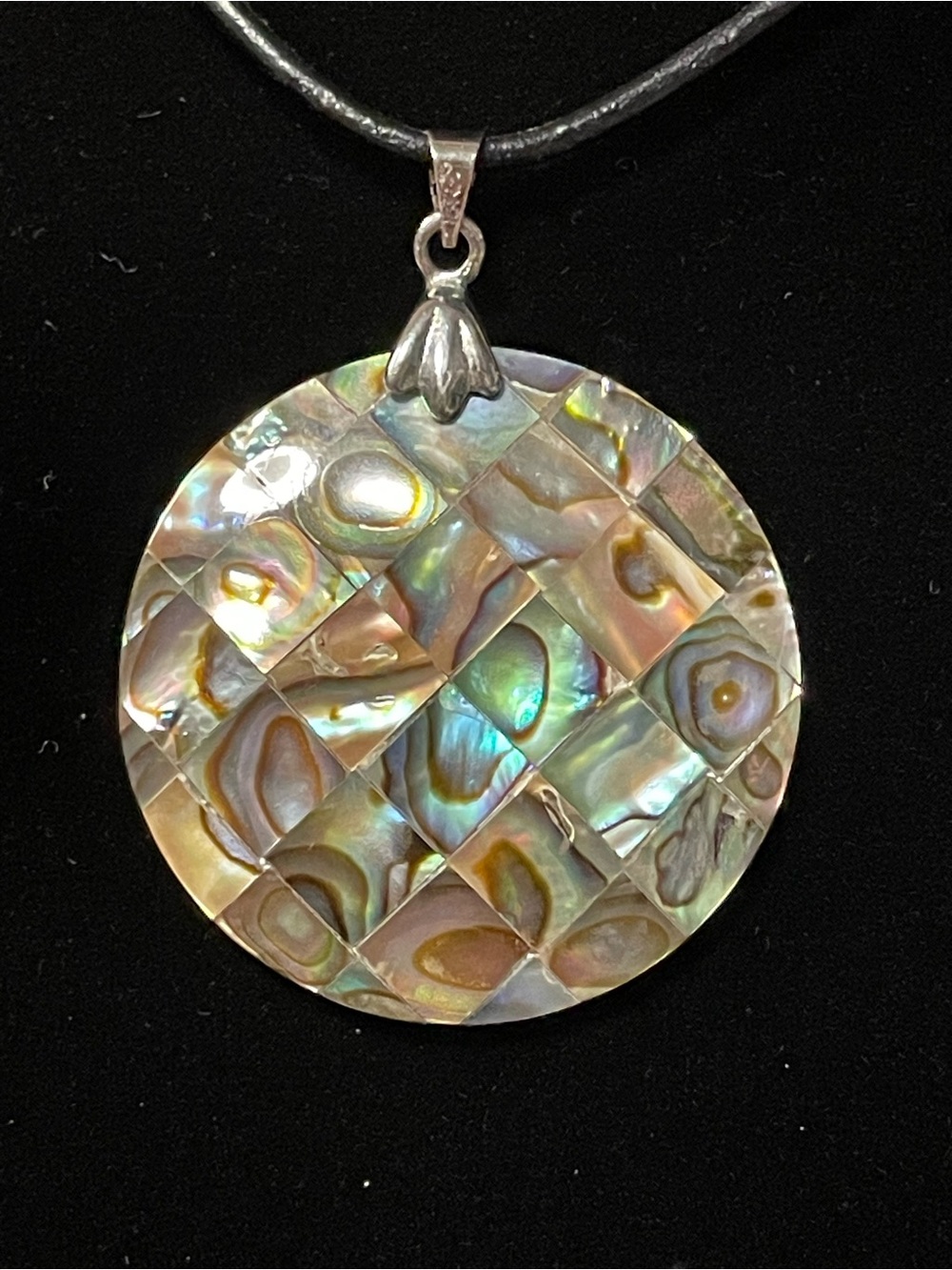 Abalone Shell Mosaic Round Pendant Necklace - Iridescent Multi-Color